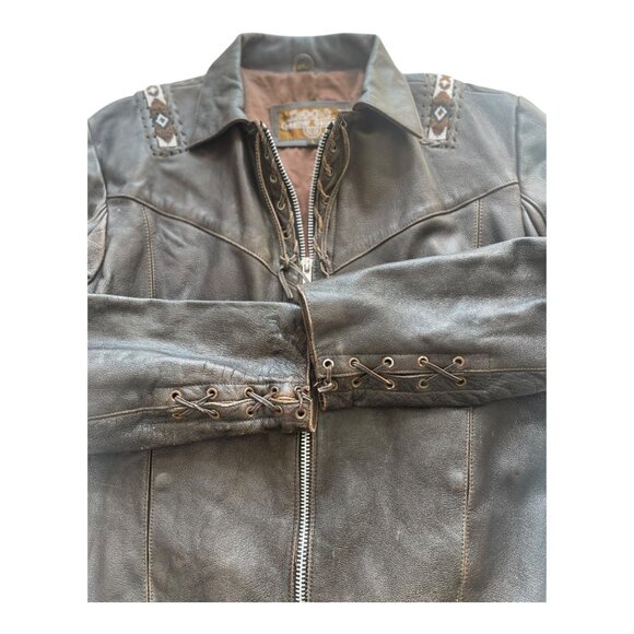 Vtg. Men's Leather Gallery Western Native Boho Lace-up Jacket Brown Beaded Rare - Picture 5 of 15